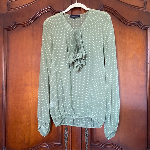 Adèle Fado 100% Silk Sage Green Polka Dot Blouse with Pleated Tie Neck - Picture 1 of 9